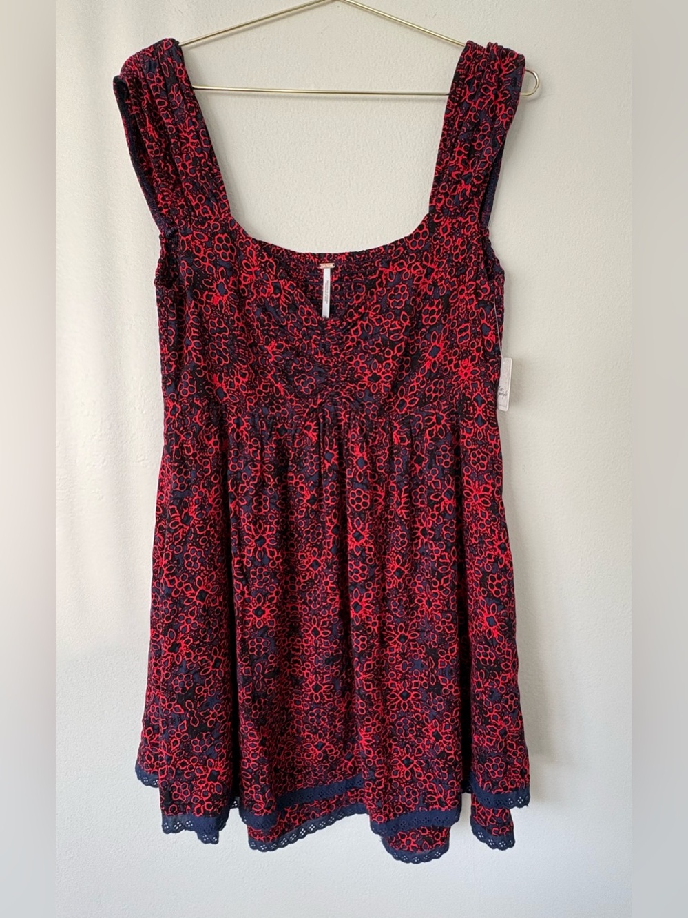 Free People Tabitha Smocked Babydoll Mini Dress Red Black Medium NWT